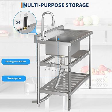 NSF Stainless Steel Utility Sink, Single Bowl w/Pull-Out Hot/Cold Faucet, Shelf, S-Hooks