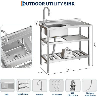 NSF Stainless Steel Utility Sink, Single Bowl w/Pull-Out Hot/Cold Faucet, Shelf, S-Hooks