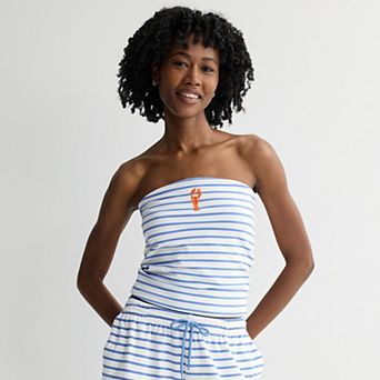 Juniors' Nautical Stripe Embroidered Lobster Tube Top