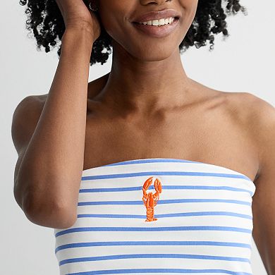 Juniors' Nautical Stripe Embroidered Lobster Tube Top