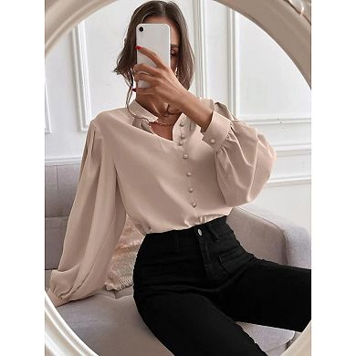 Women's Elegant Solid Color Lapel Long Sleeved Single Row Button Loose Top Shirt