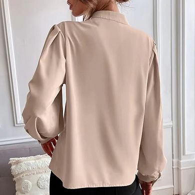 Women's Elegant Solid Color Lapel Long Sleeved Single Row Button Loose Top Shirt