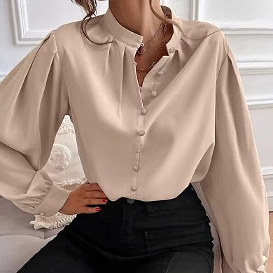 Women's Elegant Solid Color Lapel Long Sleeved Single Row Button Loose Top Shirt