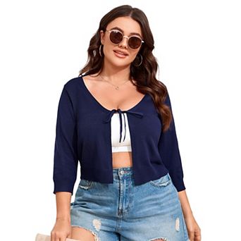 Women's Plus Size Bolero Shrug Cropped Cardigan Tie Front Rib Knit Cardigan Sweater