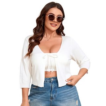 Women's Plus Size Bolero Shrug Cropped Cardigan Tie Front Rib Knit Cardigan Sweater