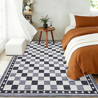 Washable Soft Checkered Area Rug for Living Room, Modern Geometric Non Slip Low Pile Carpet