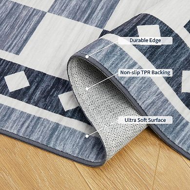 Washable Soft Checkered Area Rug for Living Room, Modern Geometric Non Slip Low Pile Carpet