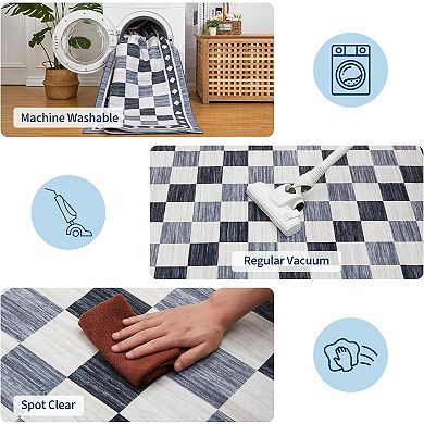 Washable Soft Checkered Area Rug for Living Room, Modern Geometric Non Slip Low Pile Carpet