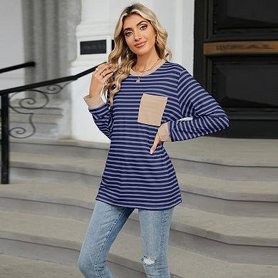 Women's Oversized Striped Color Block Casual Crewneck Shirt Long Sleeve Pullover Pocket Tunic Tops