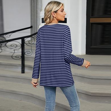 Women's Oversized Striped Color Block Casual Crewneck Shirt Long Sleeve Pullover Pocket Tunic Tops
