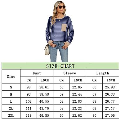 Women's Oversized Striped Color Block Casual Crewneck Shirt Long Sleeve Pullover Pocket Tunic Tops