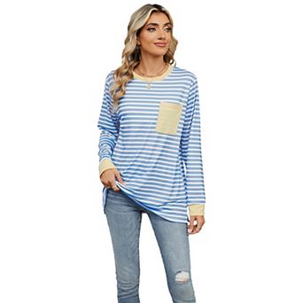 Women's Oversized Striped Color Block Casual Crewneck Shirt Long Sleeve Pullover Pocket Tunic Tops