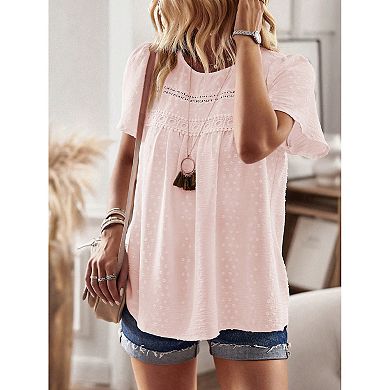 Women's Casual Round Neck Patchwork Top Loose Short Sleeved Shirt