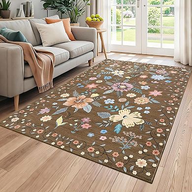 Floral Runner Rug, Ultra-Thin Low Pile Carpet with Non Slip Backing for Hallway Kitchen Bedroom