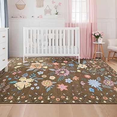 Floral Runner Rug, Ultra-Thin Low Pile Carpet with Non Slip Backing for Hallway Kitchen Bedroom