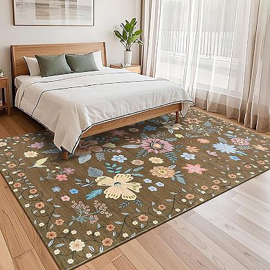 Floral Runner Rug, Ultra-Thin Low Pile Carpet with Non Slip Backing for Hallway Kitchen Bedroom