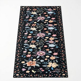 Floral Runner Rug, Ultra-Thin Low Pile Carpet with Non Slip Backing for Hallway Kitchen Bedroom