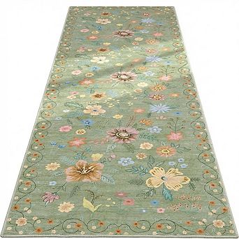Floral Runner Rug, Ultra-Thin Low Pile Carpet with Non Slip Backing for Hallway Kitchen Bedroom