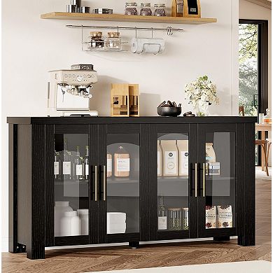 Wood Buffet Cabinet with Tempered Glass Doors, Sturdy Sideboard with Storage