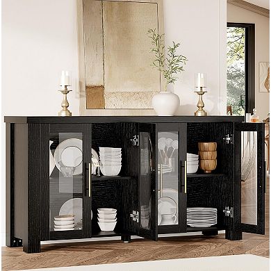 Wood Buffet Cabinet with Tempered Glass Doors, Sturdy Sideboard with Storage