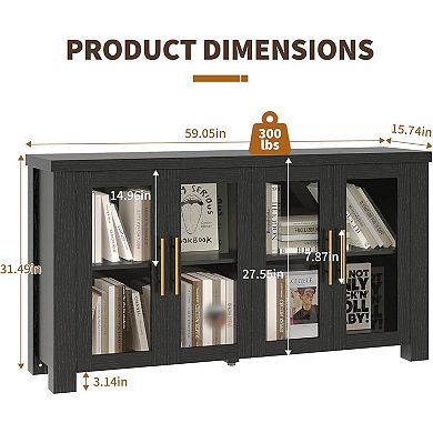 Wood Buffet Cabinet with Tempered Glass Doors, Sturdy Sideboard with Storage