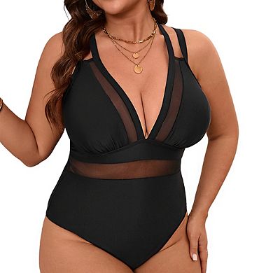 Plus Size Women's 1 Piece V Neck Sleeveless Slimming Adjustable Back Strap Swimsuit