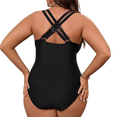 Plus Size Women's 1 Piece V Neck Sleeveless Slimming Adjustable Back Strap Swimsuit