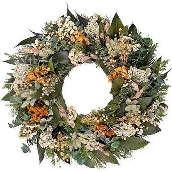 Natural Eucalyptus & Dried Florals Wreath with Metal Loop & Wood Crate