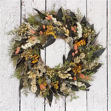 Natural Eucalyptus & Dried Florals Wreath with Metal Loop & Wood Crate