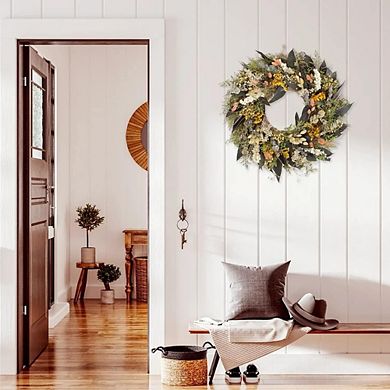 Natural Eucalyptus & Dried Florals Wreath with Metal Loop & Wood Crate