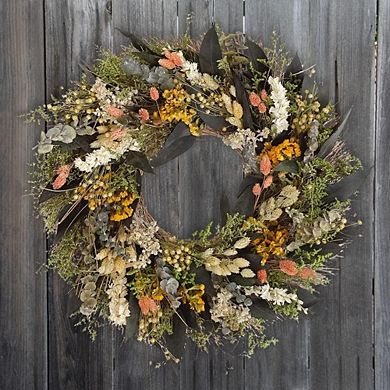 Natural Eucalyptus & Dried Florals Wreath with Metal Loop & Wood Crate
