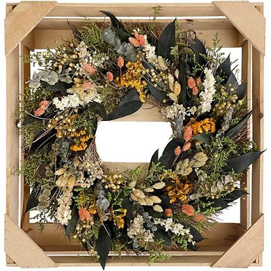 Natural Eucalyptus & Dried Florals Wreath with Metal Loop & Wood Crate