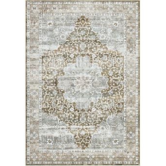 Floral Washable Rug, Thin Low-Pile Carpet with Non Slip Backing for Living Room Bedroom Entryway