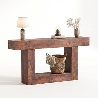 Farmhouse Entryway Table with Storage & Charging Station, 2 tier Narrow Console Table Behind Couch