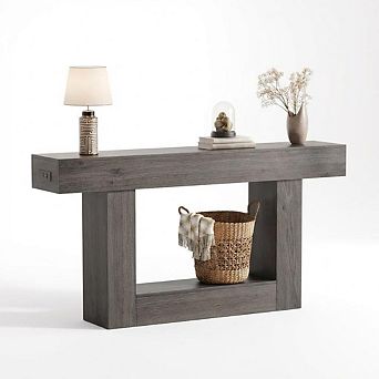 Farmhouse Entryway Table with Storage & Charging Station, 2 tier Narrow Console Table Behind Couch