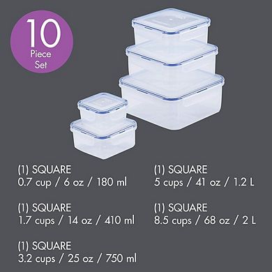 10-Piece Square Airtight Food Storage Container Set with Lids, BPA-Free, Clear