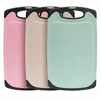 3 pc Wheat Straw Plastic Cutting Board Set with Juice Grooves & Easy Grip Handles, BPA-Free, Non-