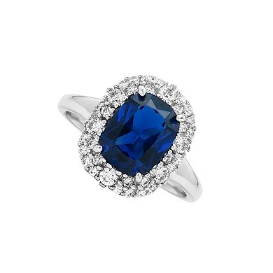 PRIMROSE Sterling Silver Simulated Sapphire & Cubic Zirconia Halo Ring
