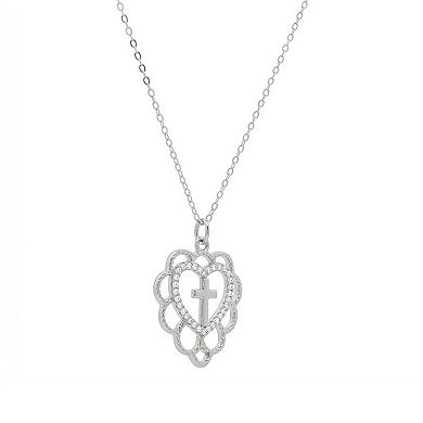 PRIMROSE Sterling Silver Cubic Zirconia Heart Cross Pendant Necklace