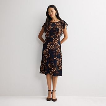 Petite Studio Connection Printed Cap Sleeve with Chiffon Overlay Dress