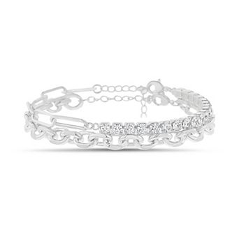 Aquamir Silver Tone Waterproof Cubic Zirconia Tennis Chunky Chain 2 pc Bracelet Set