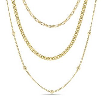 Aquamir Gold Tone Waterproof Layered Paperclip, Rope & Saturn Chain Necklace