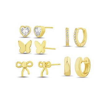 Aquamir Gold Tone Waterproof Cubic Zirconia Butterfly, Bow & Hoops 5-Pair Earring Set