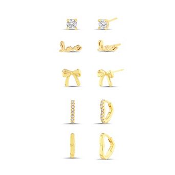 Aquamir Gold Tone Waterproof Cubic Zirconia Love, Bow & Hoops 5-Pair Earring Set