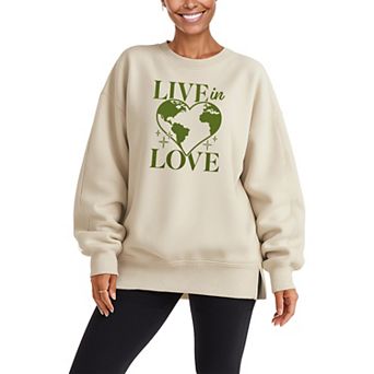 Women's Live In Love Heart Shaped Earth Oversized Fleece Crew Sweatshirt
