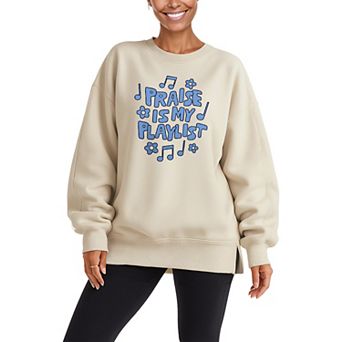 Women's Praise Is My Playlist Oversized Fleece Crew Sweatshirt