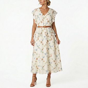 Women's Taylor Floral Flutter Sleeve Belted Peplum Dress