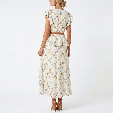 Women's Taylor Floral Flutter Sleeve Belted Peplum Dress