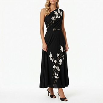 Women's Taylor One-Shoulder Floral Print Midi Dress with Belt