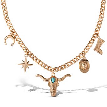 JS Jessica Simpson Western Charm Necklace in Gold-Tone with Turquoise Accent